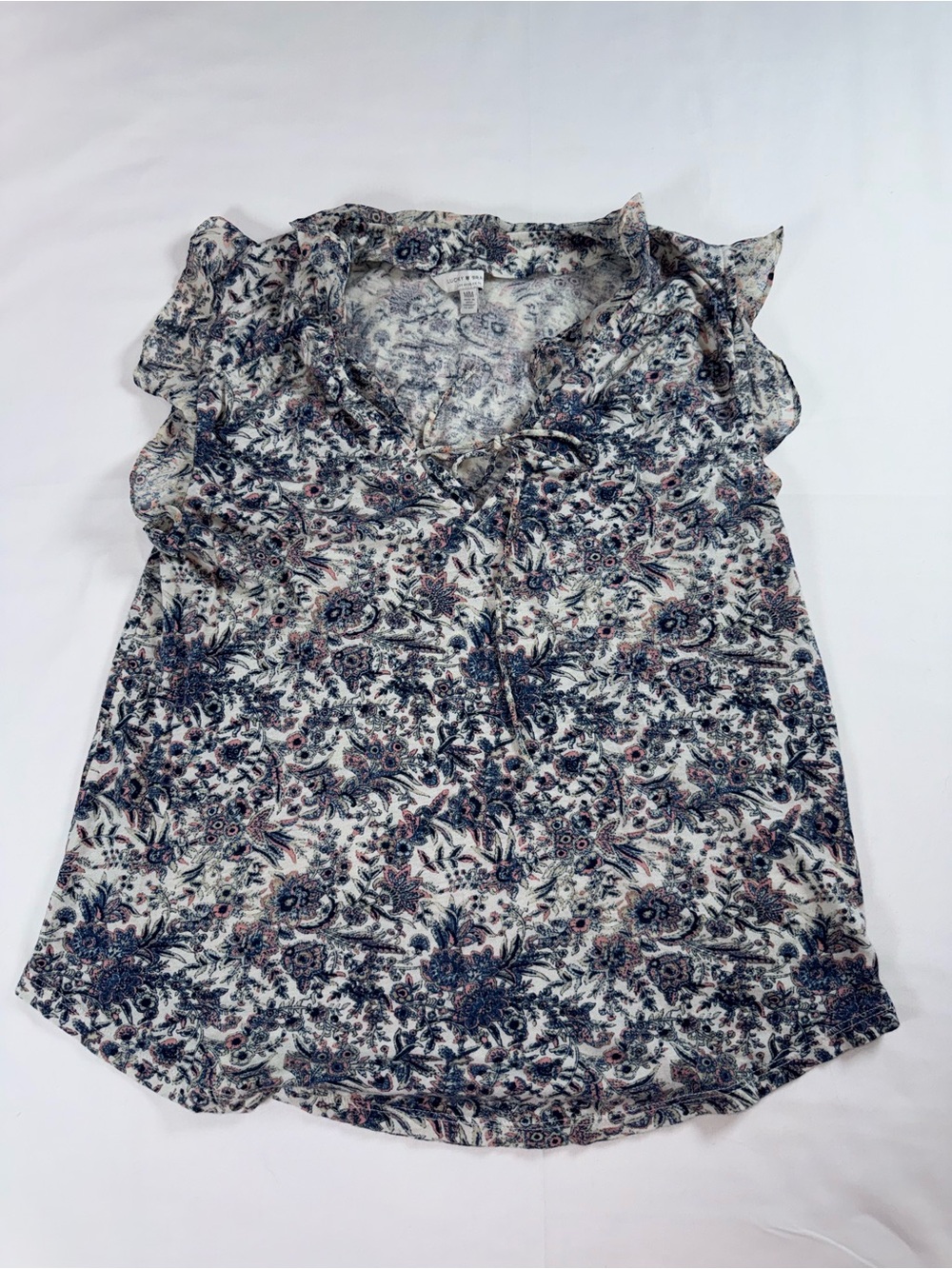 Lucky Brand Women’s Medium Floral Paisley Ruffle Sleeve Tie Neck Boho Top